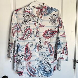 Chico's Paisley Button-Down Shirt - Red, Blue, White Wrinkle Resistant Sz Large